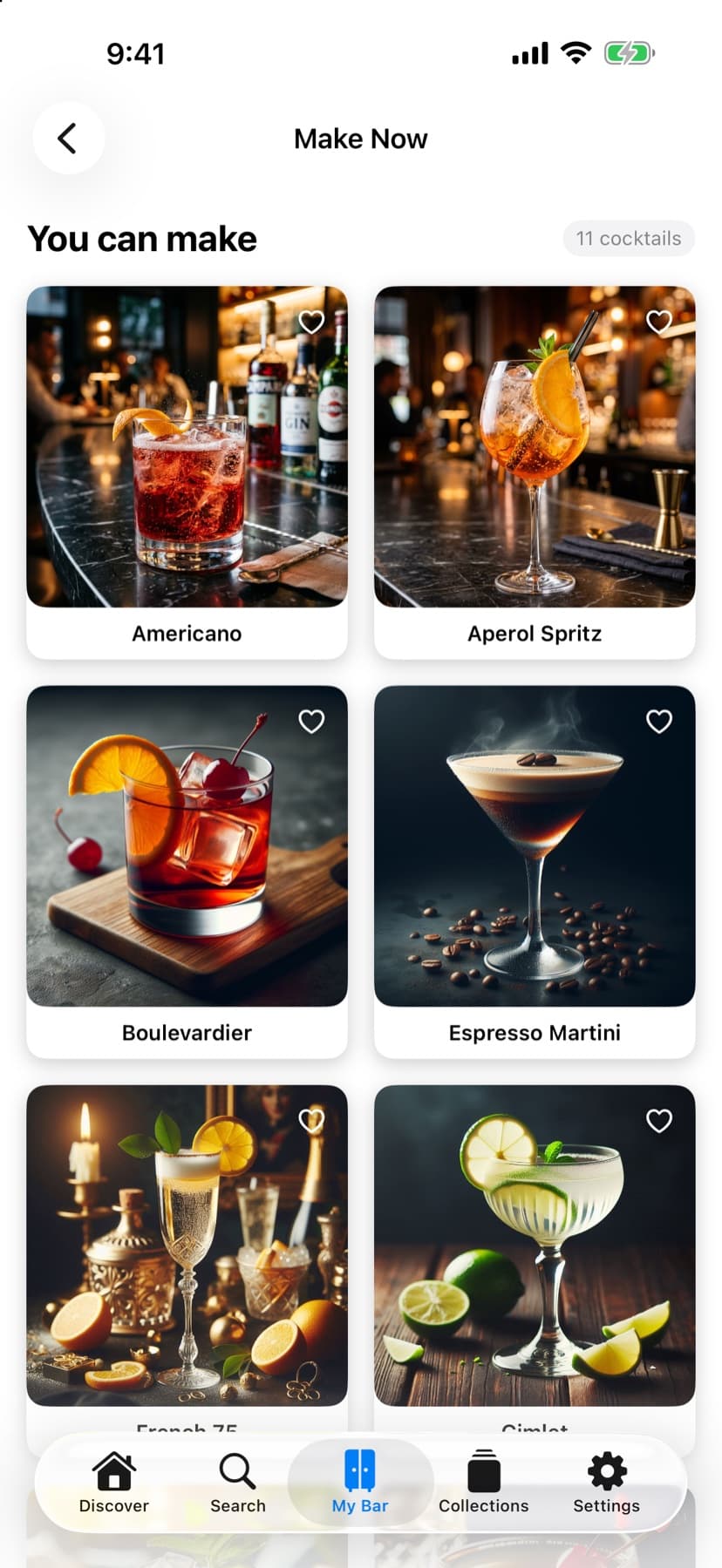 Cocktail Codex Make Now screen showing cocktails you can make with your bar